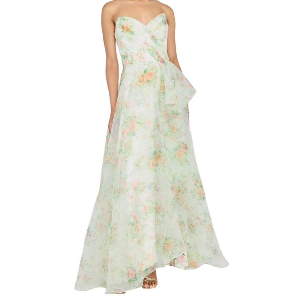 Theia Tanya Strapless Floral Organza High Low Gown Petite Primrose Size 4 NWO